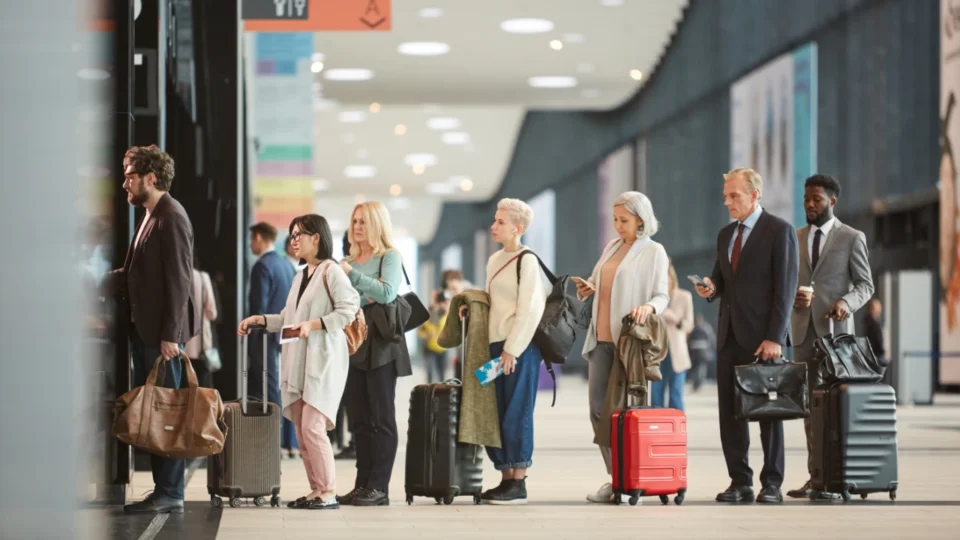 Personer venter i kø på at komme gennem immigrationen i en lufthavn
